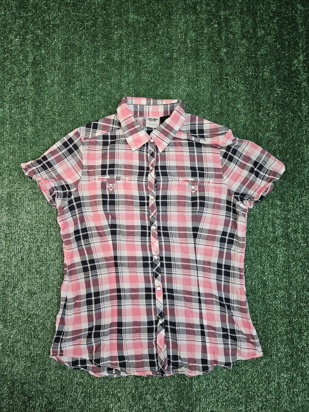 Women's Harley Davidson Snap Up short sleeved SHIRT pink black plaid Size Large